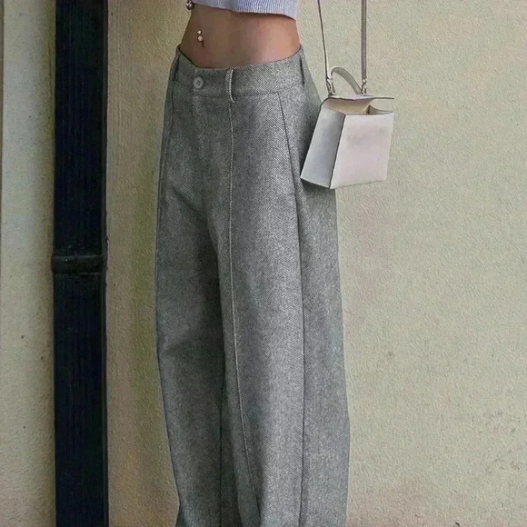 Grey Women's Straight Woolen Casual Pants Loose Trousers - Picture 5 of 7